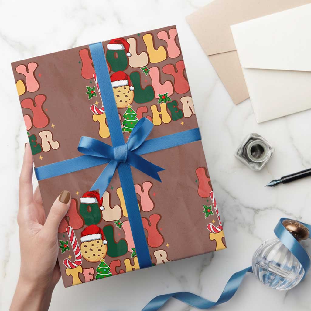 Groovy Holly Jolly Teacher Christmas Retro Xmas Wrapping Paper Roll TS02 Mocha Print Your Wear