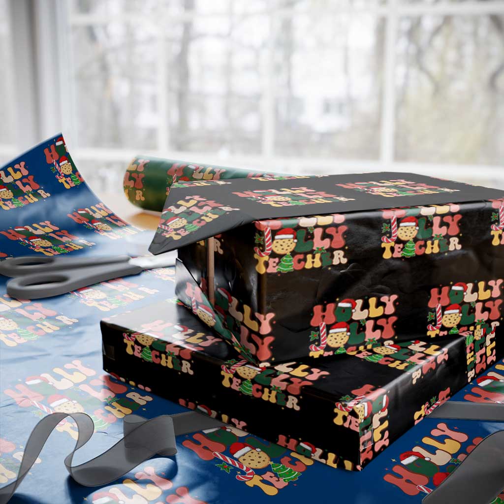 Groovy Holly Jolly Teacher Christmas Retro Xmas Wrapping Paper Roll TS02 Black Print Your Wear