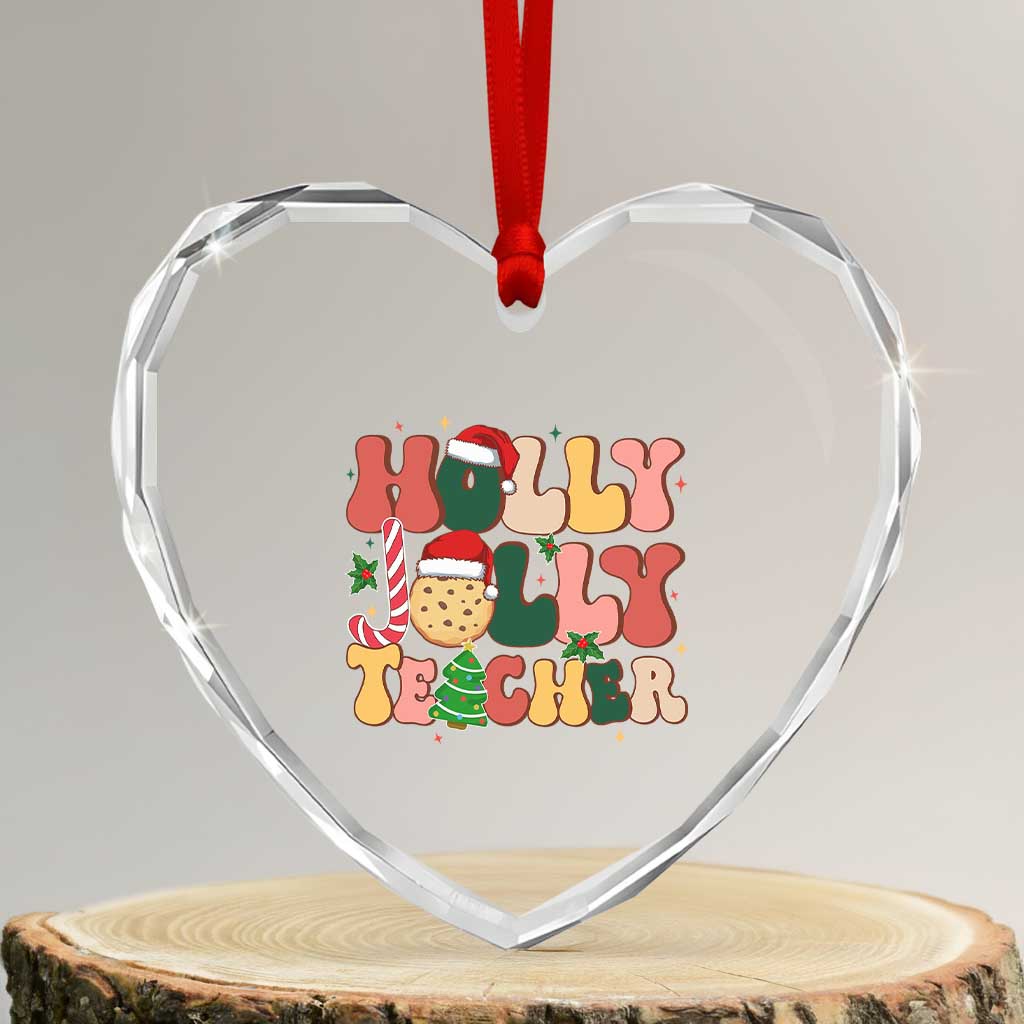 Groovy Holly Jolly Teacher Christmas Retro Xmas Heart Crystal Glass Ornament TS02 Transparent Glass 3'' Heart Print Your Wear