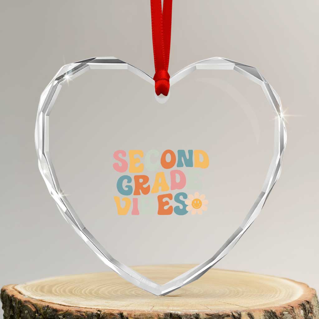Groovy Retro Second Grade Vibes Heart Crystal Glass Ornament Back to School 2nd Grade Team TS01 Transparent Glass 3'' Heart Print Your Wear