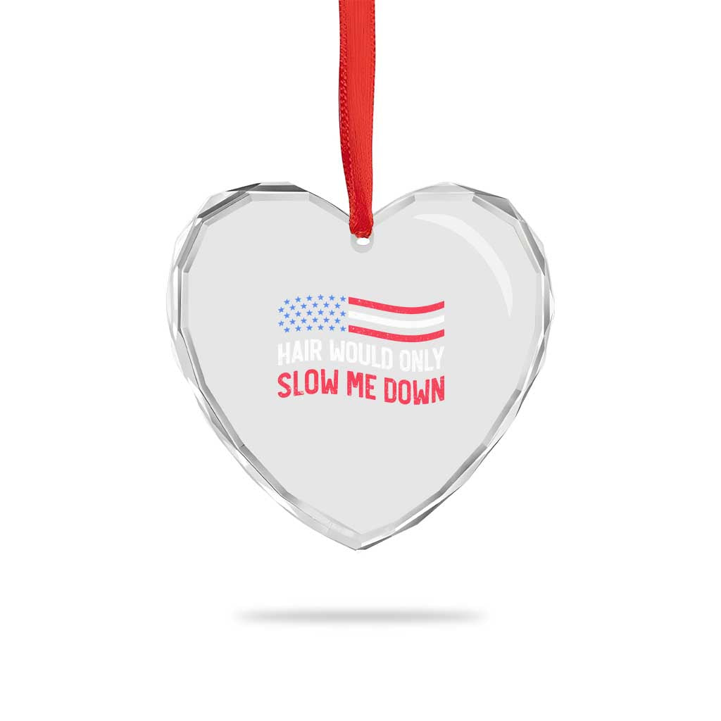 Hair Would Only Slow Me Down Retro Groovy Heart Crystal Glass Ornament Patriotic Waving Flag Comedic Bald Pride