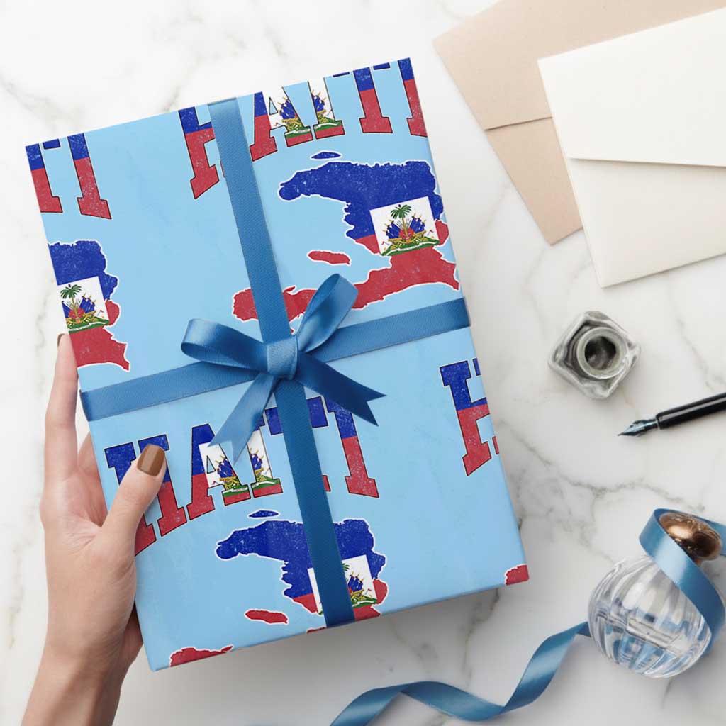 Haiti Pride Wrapping Paper Roll Retro Vintage Haitian Flag Map Pride Graphic TS10 Light Blue Print Your Wear