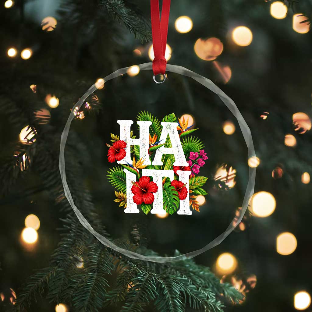 Haiti Tropical Floral Hibiscus Palm Leaves Island Graphic Crystal Glass Ornament Haitian Heritage Pride TS02 Print Your Wear