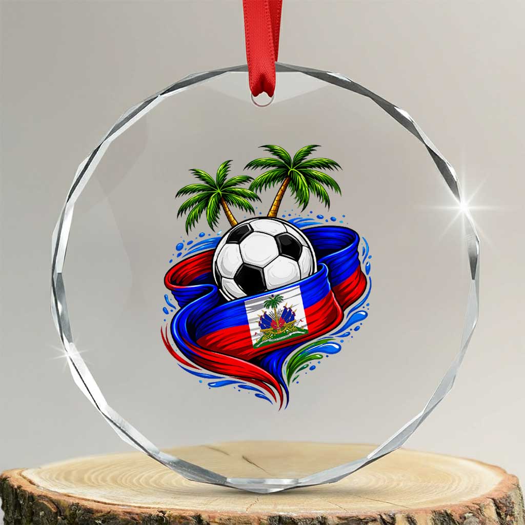 Haitian Flag Soccer Ball Graphic Crystal Glass Ornament Tropical Palm Trees Caribbean Haiti Football Fans Pride TS02 Transparent Glass 3'' Circle Print Your Wear