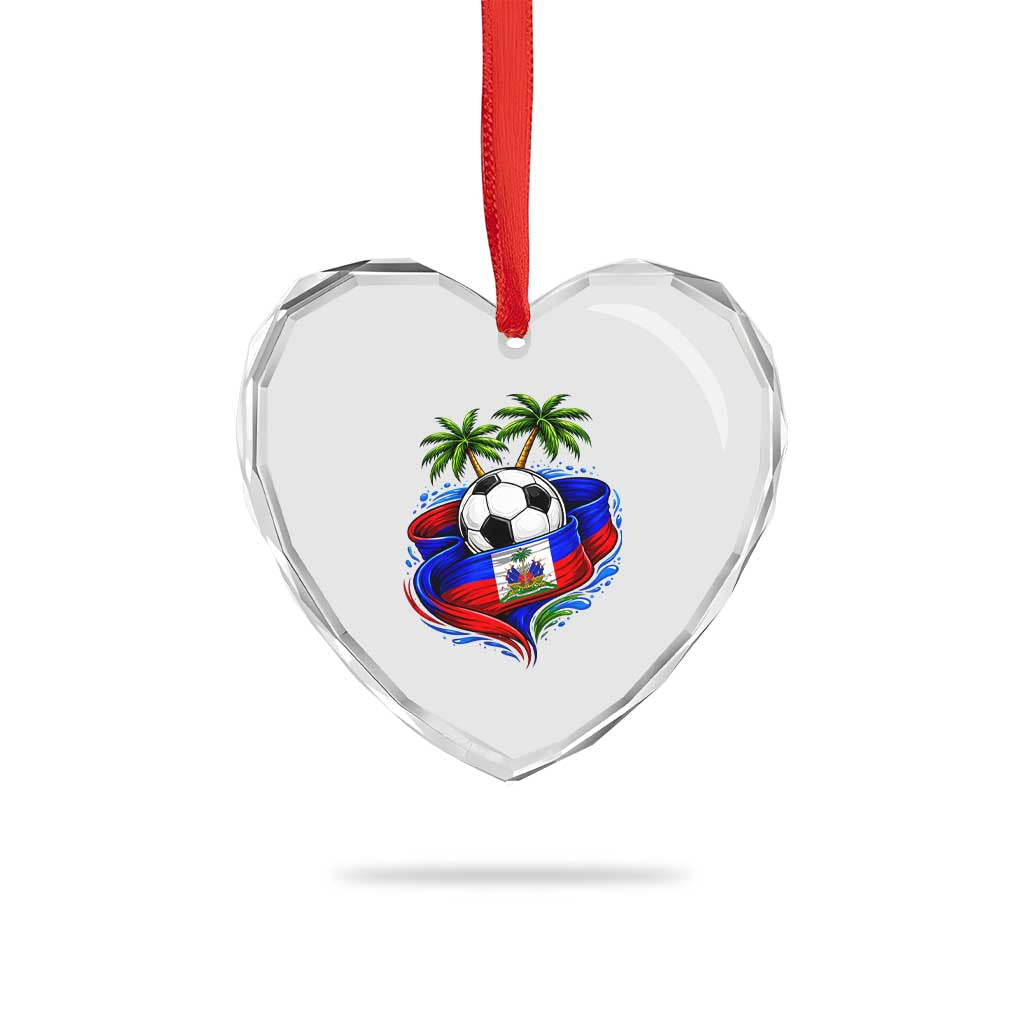 Haitian Flag Soccer Ball Graphic Heart Crystal Glass Ornament Tropical Palm Trees Caribbean Haiti Football Fans Pride