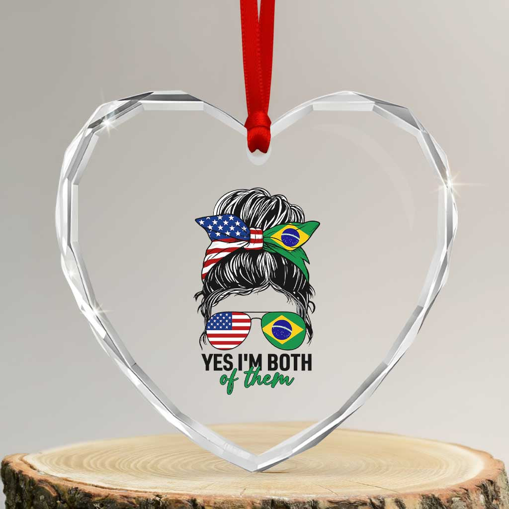 Half American And Brazilian America Brazil Brasil Flag Girl Heart Crystal Glass Ornament Yes I'm Both of Them