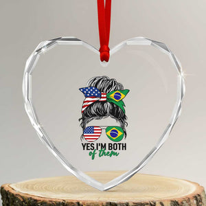 Half American And Brazilian America Brazil Brasil Flag Girl Heart Crystal Glass Ornament Yes I'm Both of Them