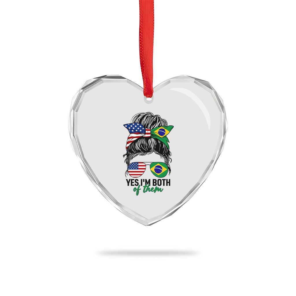 Half American And Brazilian America Brazil Brasil Flag Girl Heart Crystal Glass Ornament Yes I'm Both of Them