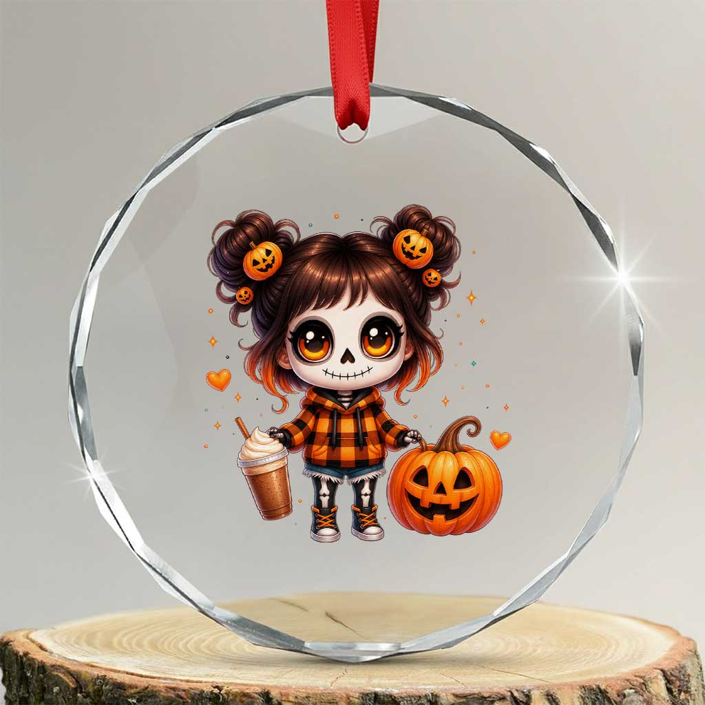 Halloween Autumn Spooky Fall Gift Crystal Glass Ornament Cute Chibi Skeleton Girl Pumpkin Spice Latte TS12 Transparent Glass 3'' Circle Print Your Wear