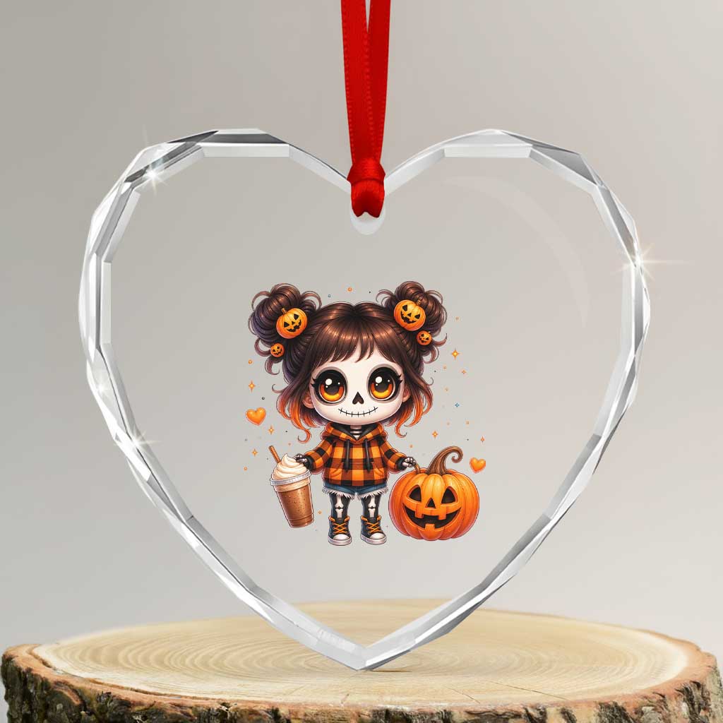 Halloween Autumn Spooky Fall Gift Heart Crystal Glass Ornament Cute Chibi Skeleton Girl Pumpkin Spice Latte TS12 Transparent Glass 3'' Heart Print Your Wear