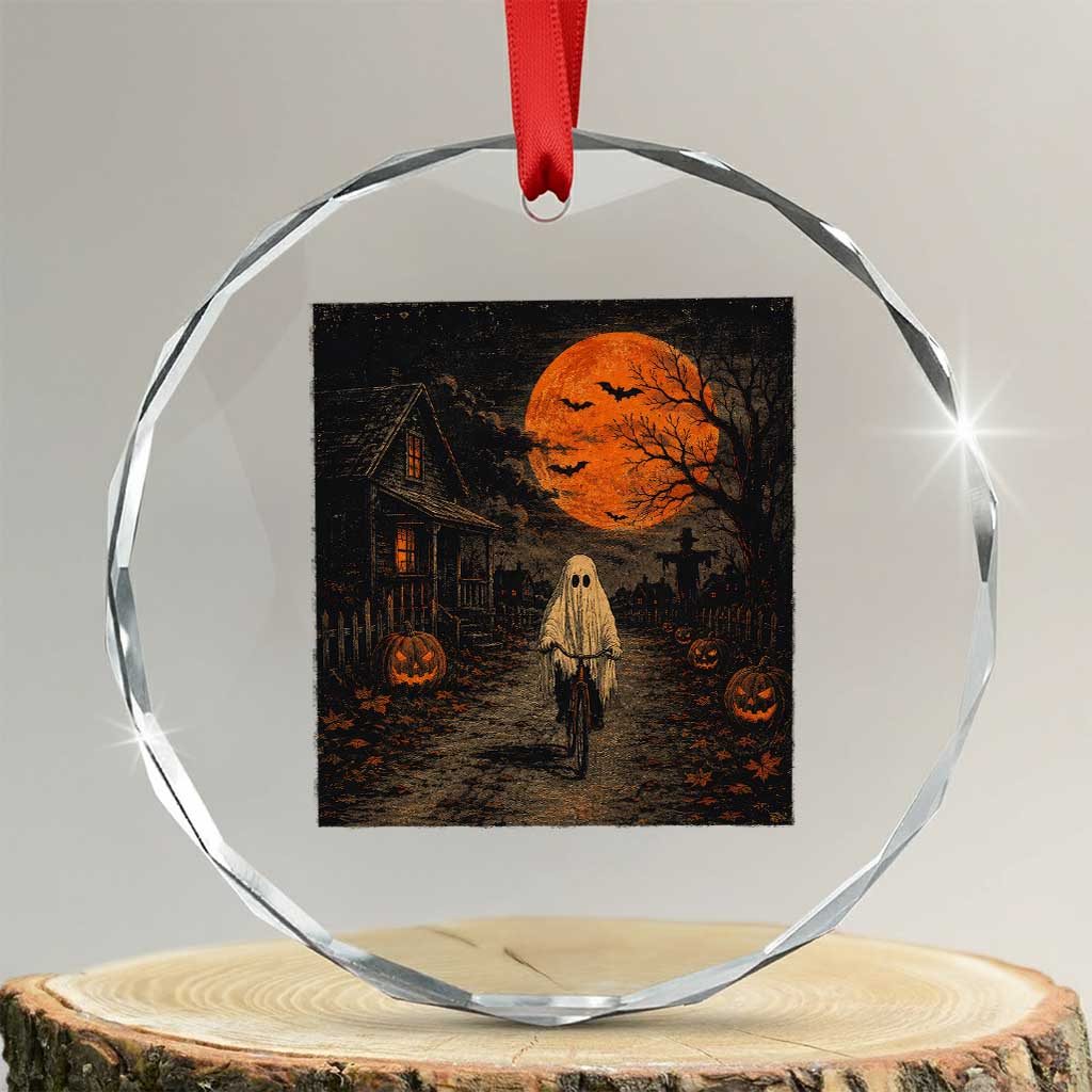 Halloween Spooky Ghost Biking Crystal Glass Ornament Vintage Ghost Riding Bicycle Gothic Moonlit Pumpkin Autumn Graphic TS10 Transparent Glass 3'' Circle Print Your Wear