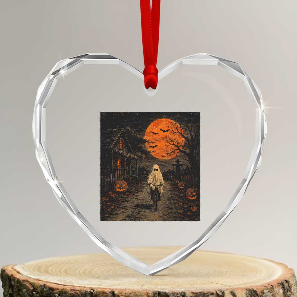 Halloween Spooky Ghost Biking Heart Crystal Glass Ornament Vintage Ghost Riding Bicycle Gothic Moonlit Pumpkin Autumn Graphic TS10 Transparent Glass 3'' Heart Print Your Wear