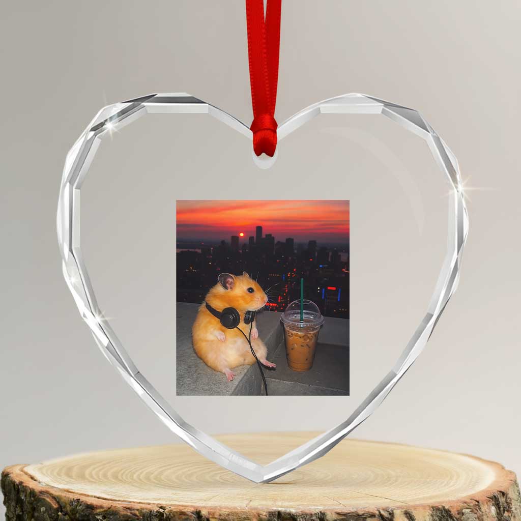 Hamster Drinking Iced Coffee Heart Crystal Glass Ornament Funny Animal Chill City Sunset Headphones TS14 Transparent Glass 3'' Heart Print Your Wear