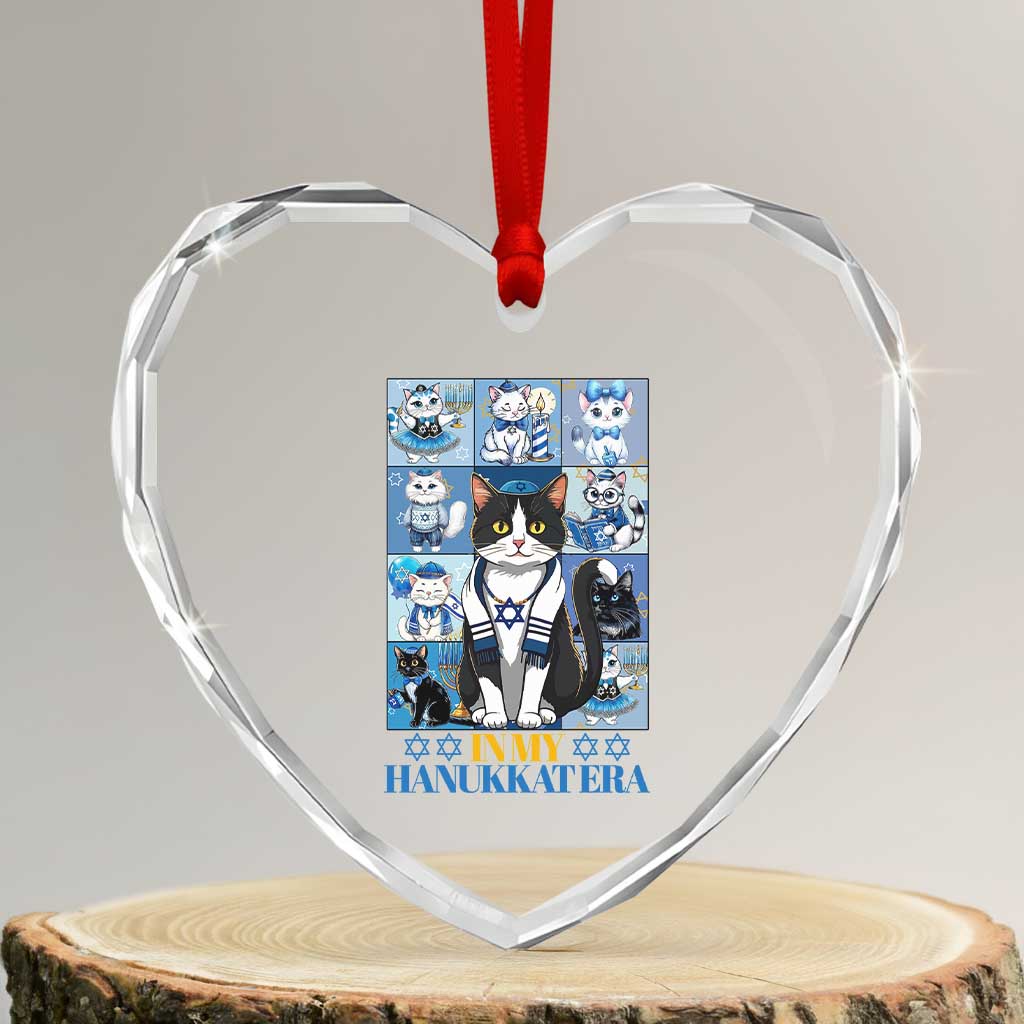 Hanukkah Cat Heart Crystal Glass Ornament In My Hanukkat Era Cute Jewish Cats TS09 Transparent Glass 3'' Heart Print Your Wear
