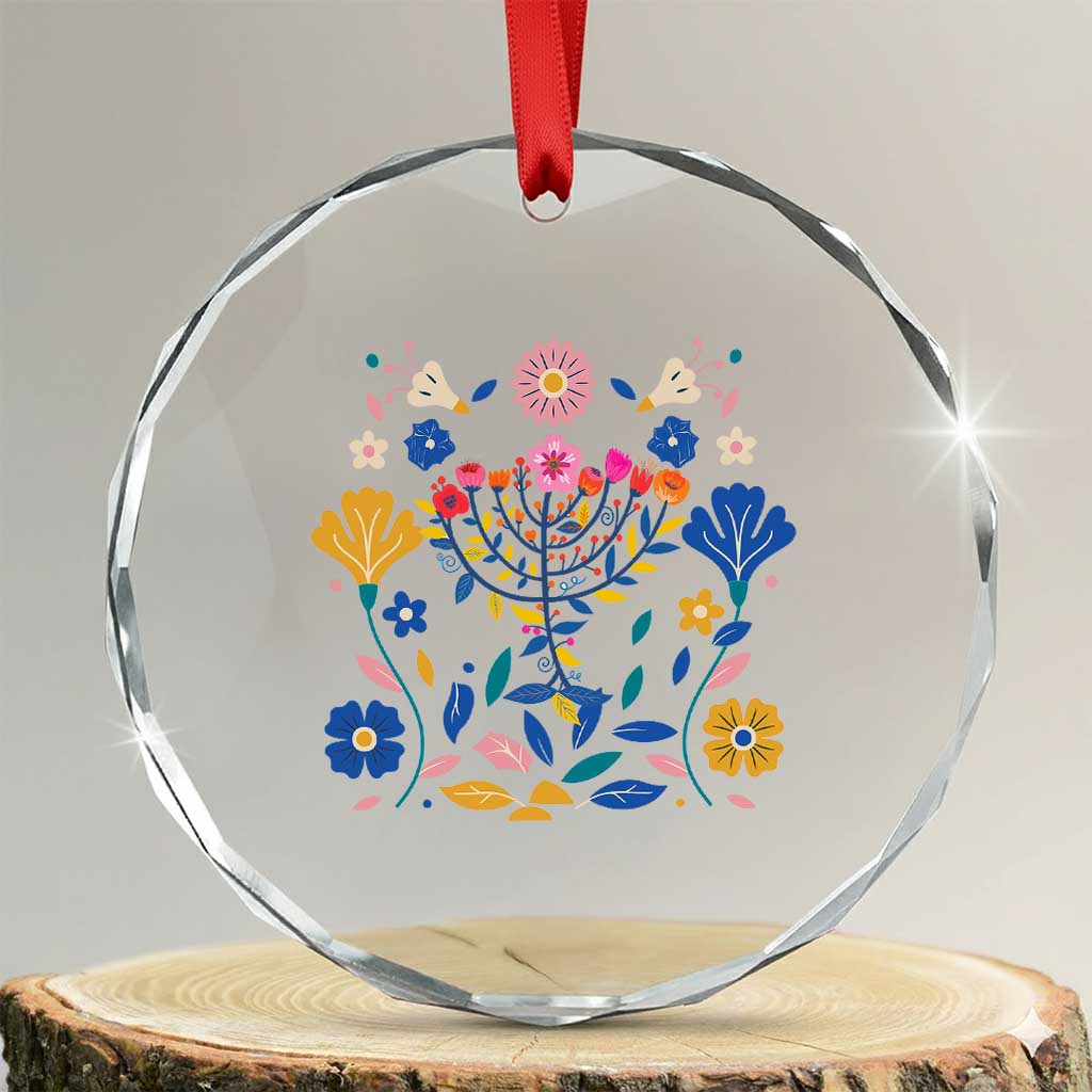 Hanukkah Floral Menorah Crystal Glass Ornament Jewish Gift For Women TS12 Transparent Glass 3'' Circle Print Your Wear