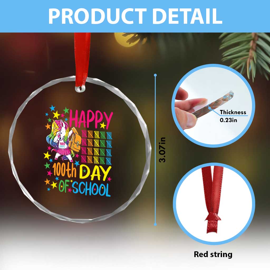 Happy 100th Day of School Unicorn Crystal Glass Ornament Magical Girls Celebration Gift