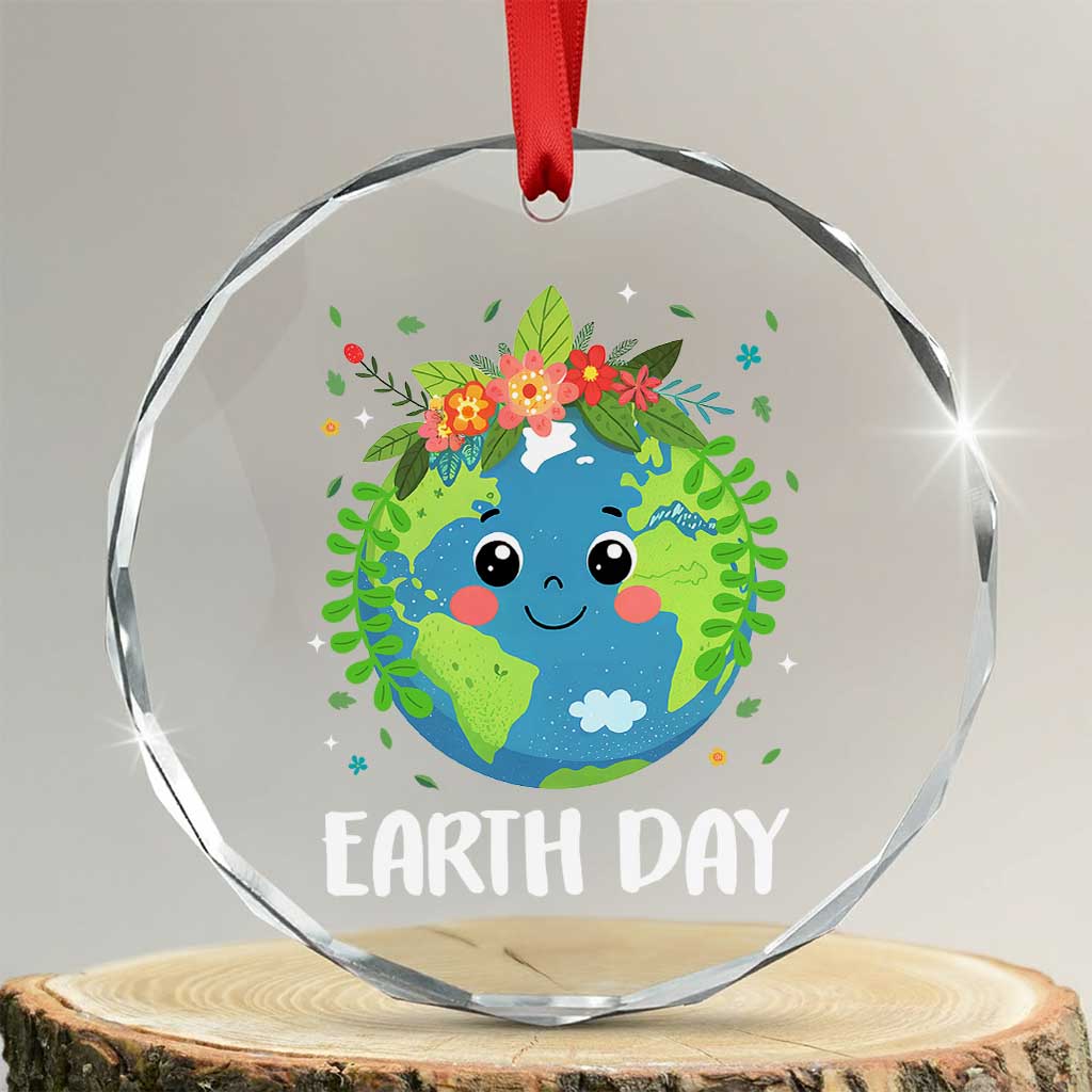 Happy Earth Day Crystal Glass Ornament Cute Earth With Floral TS02 Transparent Glass 3'' Circle Print Your Wear