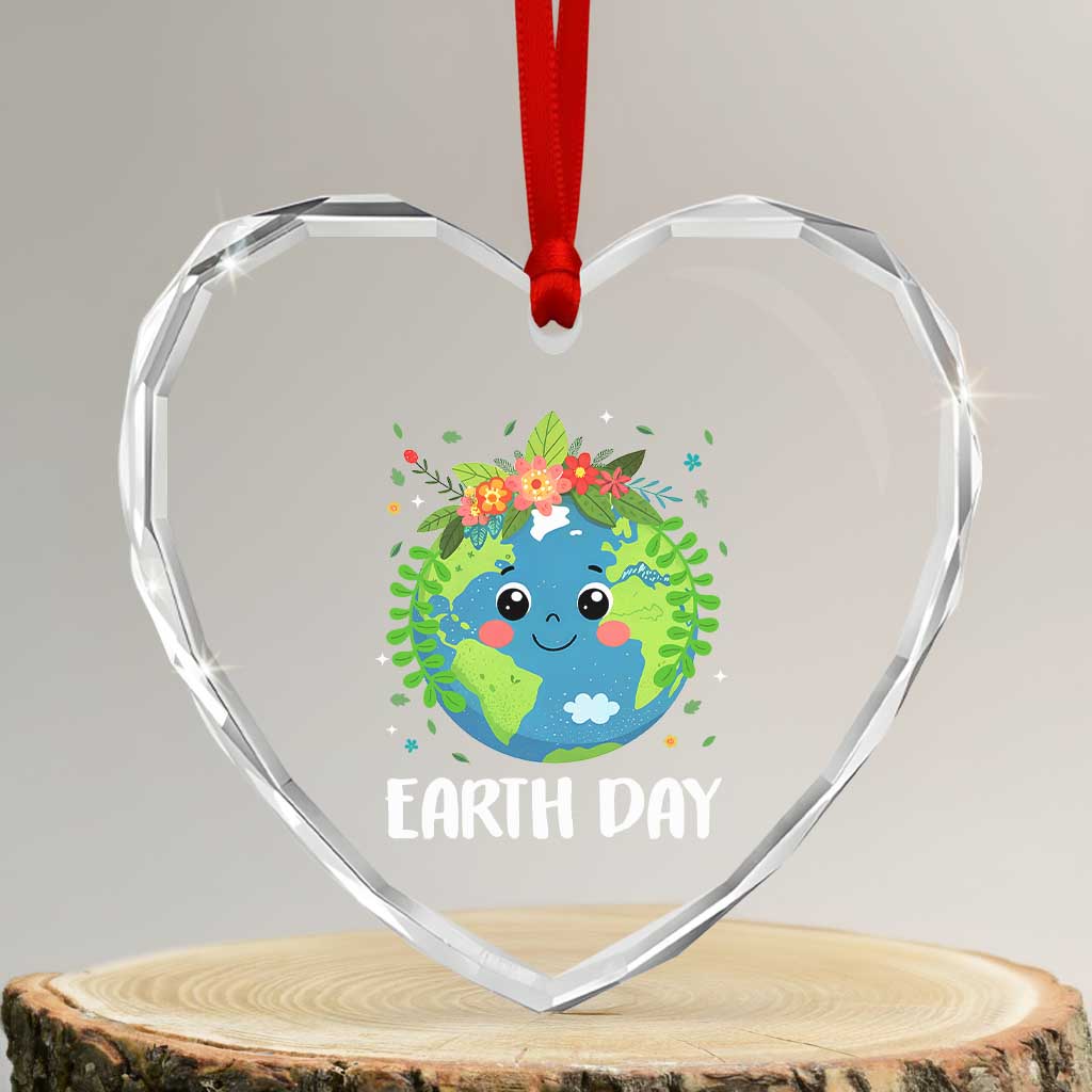 Happy Earth Day Heart Crystal Glass Ornament Cute Earth With Floral TS02 Transparent Glass 3'' Heart Print Your Wear