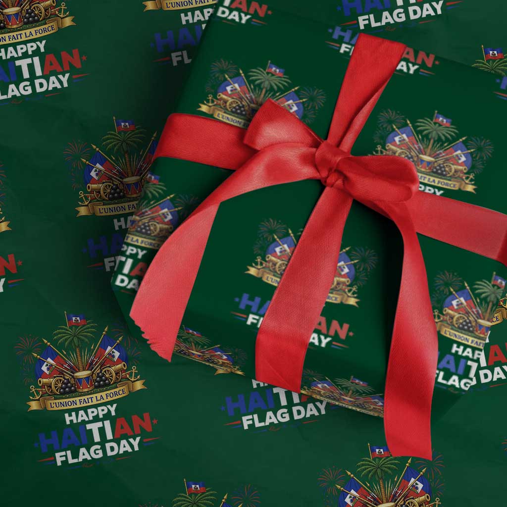 Happy Haitian Flag Day May 18 Heritage Celebration Wrapping Paper Roll L'Union Fait La Force Coat Of Arms Fireworks