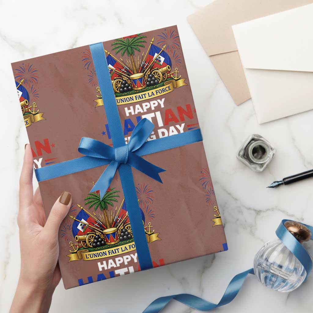 Happy Haitian Flag Day May 18 Heritage Celebration Wrapping Paper Roll L'Union Fait La Force Coat Of Arms Fireworks