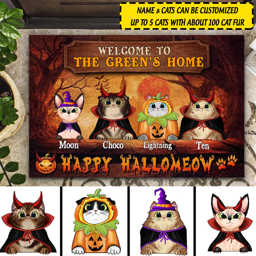 Personalized Halloween Decor Cats Cosplay Happy Hallomeow Doormat CTM Custom - Printyourwear