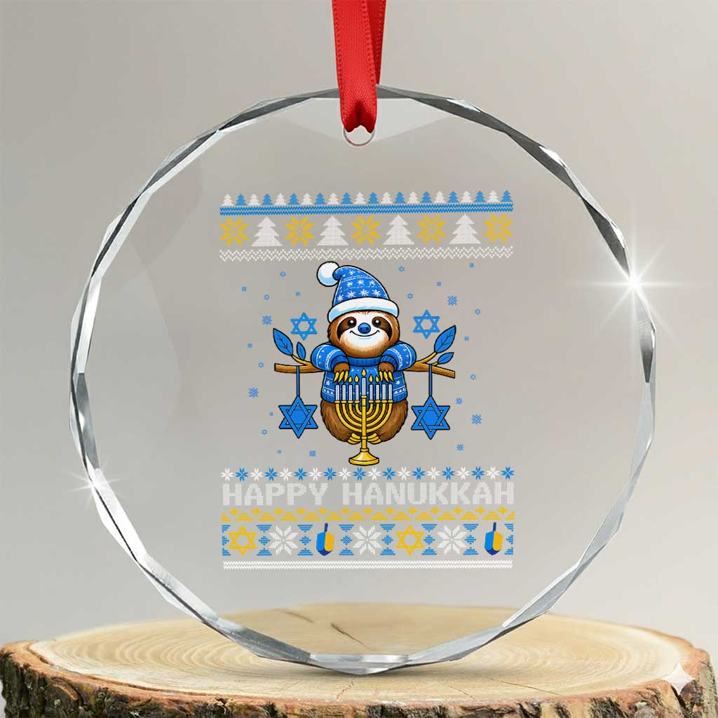 Happy Hanukkah Ugly Sweater Crystal Glass Ornament Funny Sloth Carrying Menorah Jewish Gift TS12 Transparent Glass 3'' Circle Print Your Wear