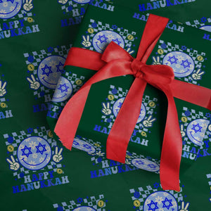 Happy Hanukkah Wrapping Paper Roll Groovy Star Of David Smile Face Chanukah Pajama TS10 Green Print Your Wear
