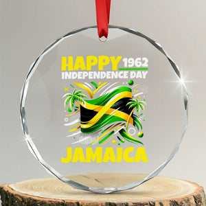 Happy Jamaican Independence Day 1962 Graphic Crystal Glass Ornament Jamaica Waving Flag and Palm Trees Caribbean Pride