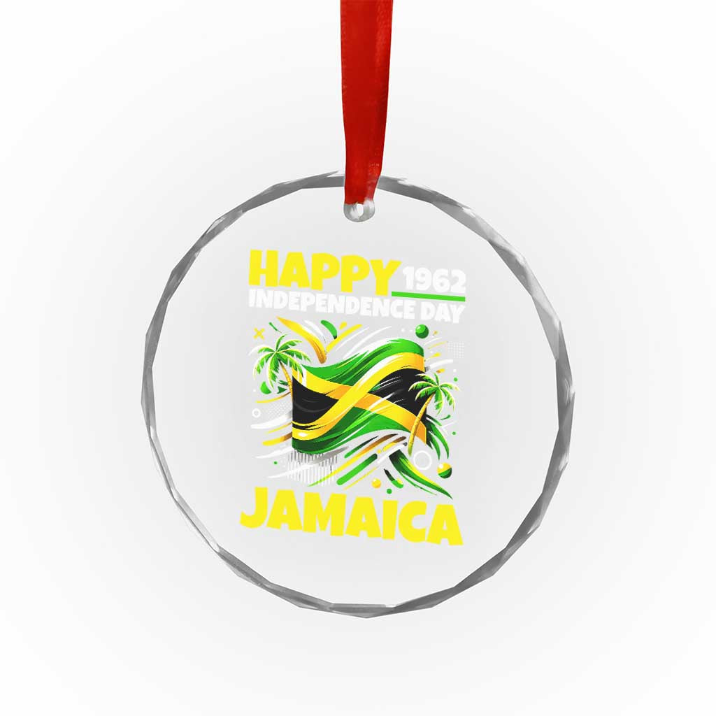 Happy Jamaican Independence Day 1962 Graphic Crystal Glass Ornament Jamaica Waving Flag and Palm Trees Caribbean Pride