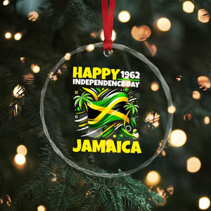 Happy Jamaican Independence Day 1962 Graphic Crystal Glass Ornament Jamaica Waving Flag and Palm Trees Caribbean Pride