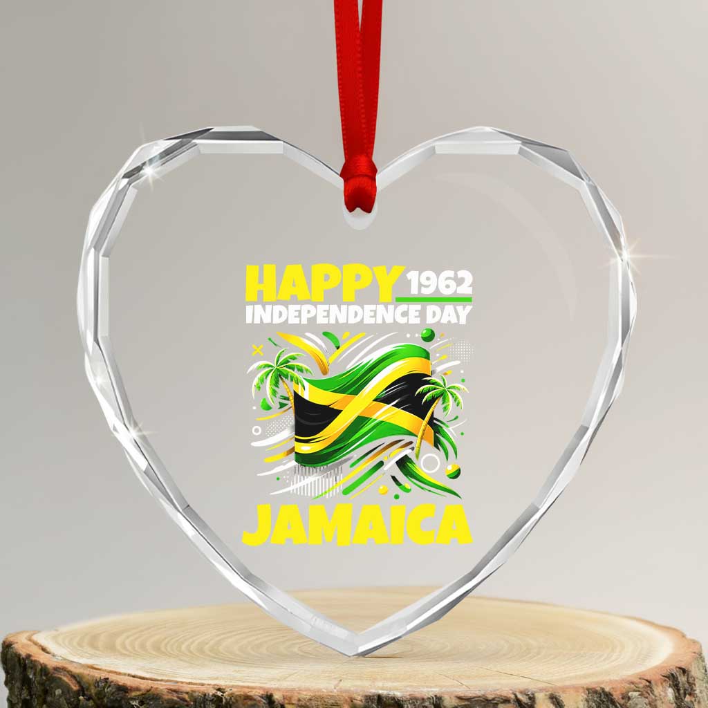 Happy Jamaican Independence Day 1962 Graphic Heart Crystal Glass Ornament Jamaica Waving Flag and Palm Trees Caribbean Pride