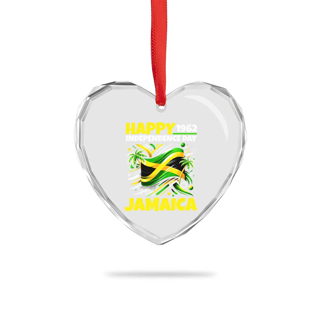Happy Jamaican Independence Day 1962 Graphic Heart Crystal Glass Ornament Jamaica Waving Flag and Palm Trees Caribbean Pride