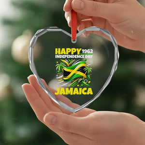 Happy Jamaican Independence Day 1962 Graphic Heart Crystal Glass Ornament Jamaica Waving Flag and Palm Trees Caribbean Pride