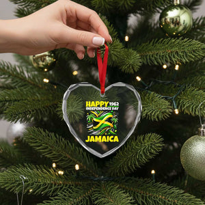 Happy Jamaican Independence Day 1962 Graphic Heart Crystal Glass Ornament Jamaica Waving Flag and Palm Trees Caribbean Pride