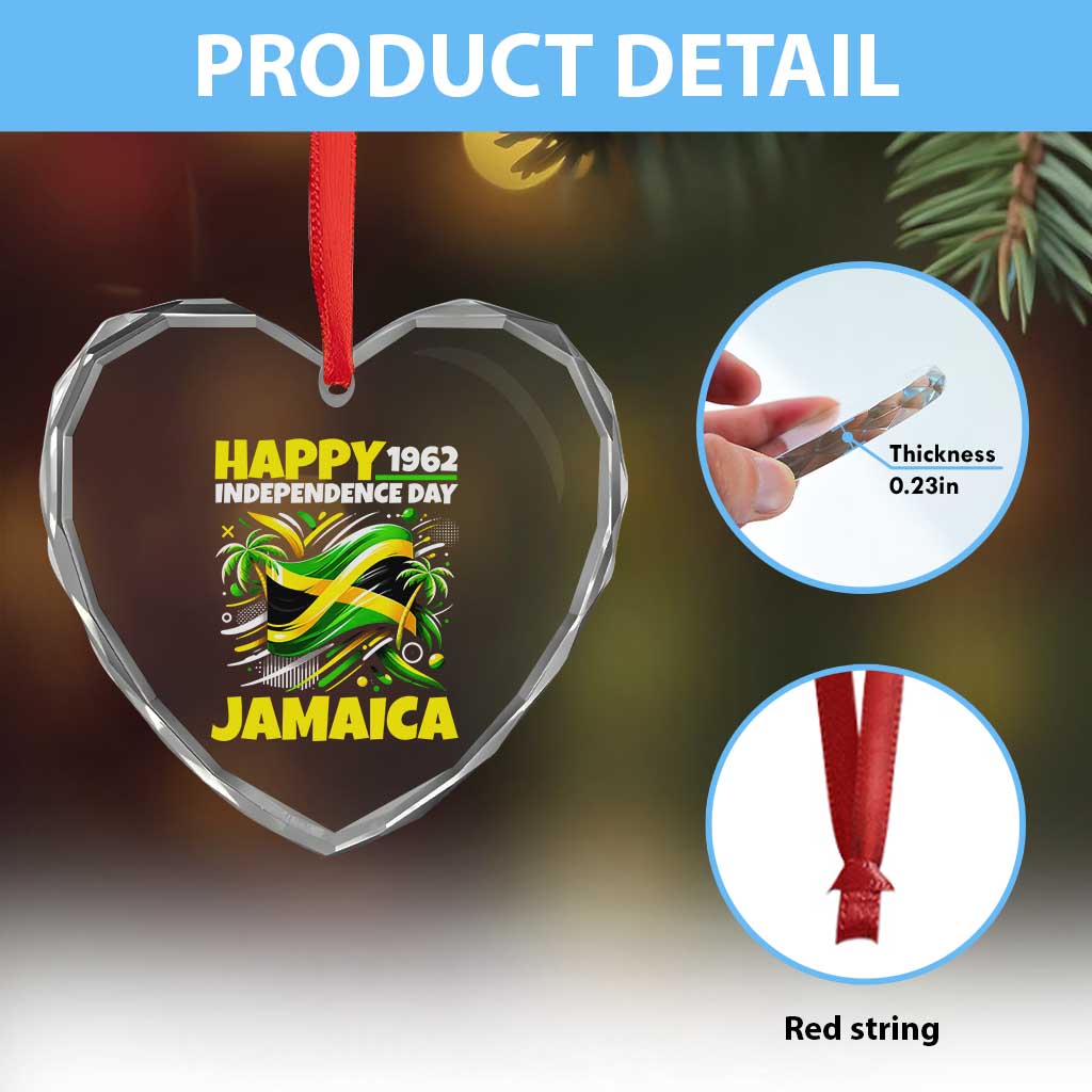 Happy Jamaican Independence Day 1962 Graphic Heart Crystal Glass Ornament Jamaica Waving Flag and Palm Trees Caribbean Pride