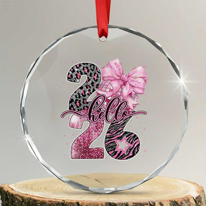 Happy New Year 2026 Crystal Glass Ornament Hello 2026 Disco Ball Pink Coquette Bow Faux Glitter TS11 Transparent Glass 3'' Circle Print Your Wear