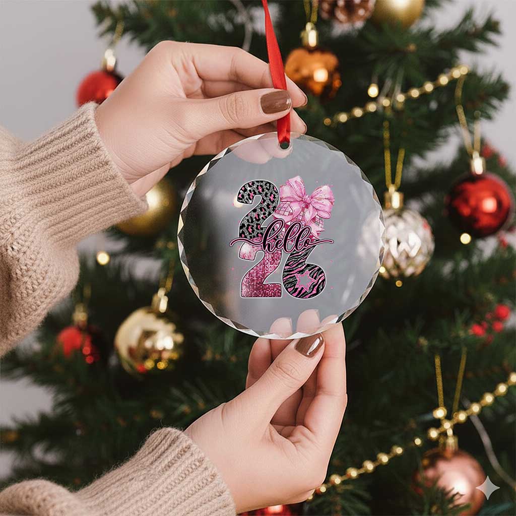 Happy New Year 2026 Crystal Glass Ornament Hello 2026 Disco Ball Pink Coquette Bow Faux Glitter TS11 Print Your Wear