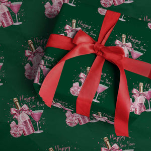 Happy New Year 2026 New Years Eve Party Wrapping Paper Roll Pink Cocktail Disco Ball TS11 Green Print Your Wear