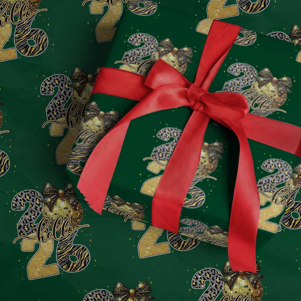 Happy New Year 2026 Wrapping Paper Roll Hello 2026 Disco Ball Coquette Bow Faux Glitter TS11 Green Print Your Wear