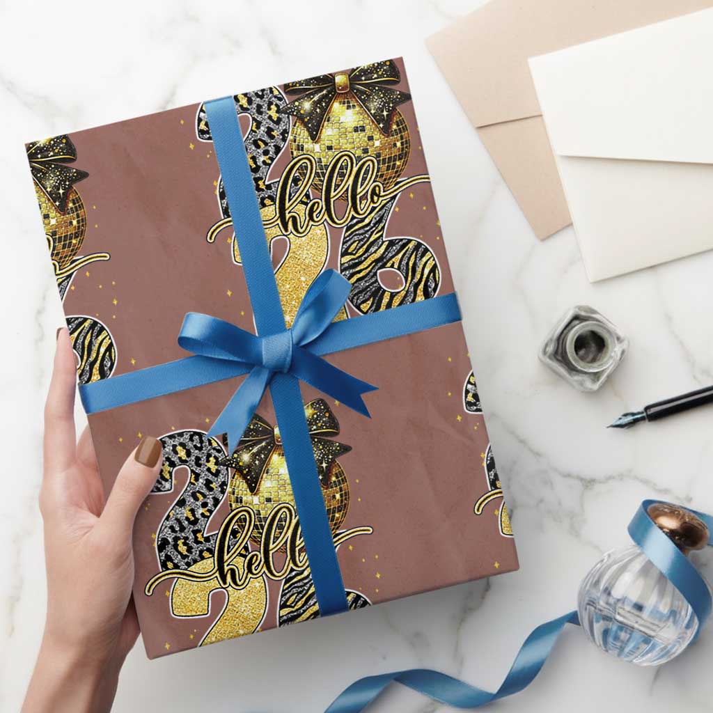 Happy New Year 2026 Wrapping Paper Roll Hello 2026 Disco Ball Coquette Bow Faux Glitter TS11 Mocha Print Your Wear