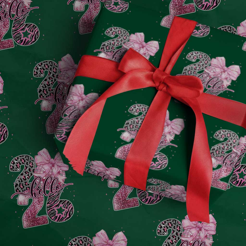 Happy New Year 2026 Wrapping Paper Roll Hello 2026 Disco Ball Pink Coquette Bow Faux Glitter TS11 Green Print Your Wear