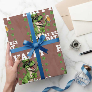 Happy St Pat Rex Day Wrapping Paper Roll Funny Dinosaur Drinking Beer TS12 Mocha Print Your Wear
