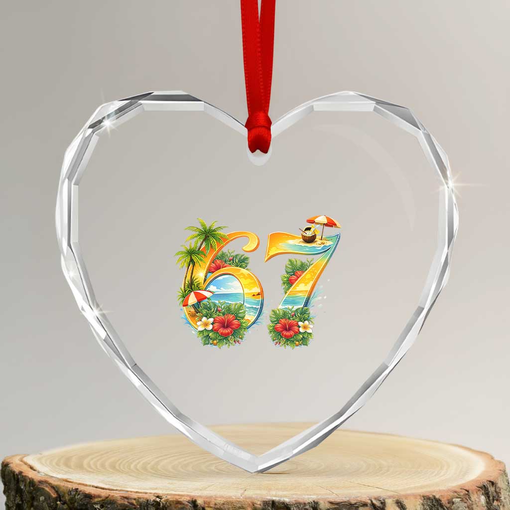 Hawaii Six Seven Heart Crystal Glass Ornament Tropical Hibiscus Vacation Graphic