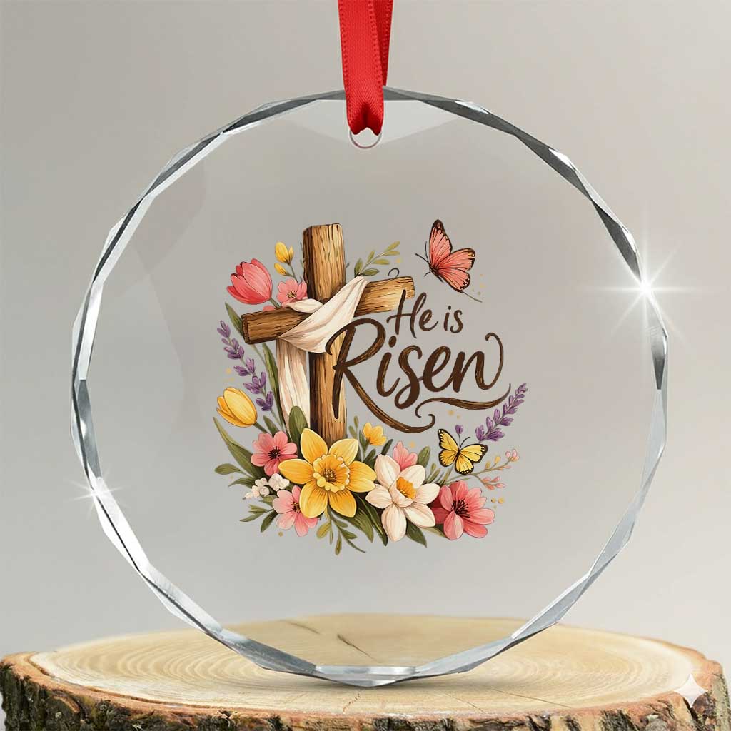 He Is Risen Floral Cross Christian Easter Crystal Glass Ornament Spring Flowers Butterfly Faith Inspirational Gift TS02 Transparent Glass 3'' Circle Print Your Wear