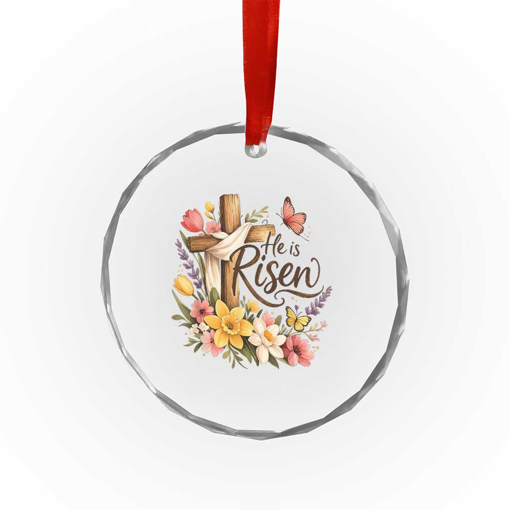 He Is Risen Floral Cross Christian Easter Crystal Glass Ornament Spring Flowers Butterfly Faith Inspirational Gift TS02 Print Your Wear