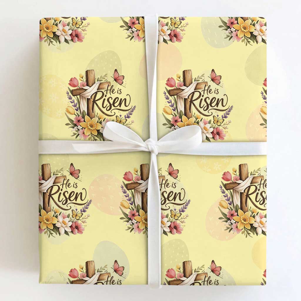 He Is Risen Floral Cross Christian Easter Wrapping Paper Roll Spring Flowers Butterfly Faith Inspirational Gift TS02 Light Yellow Print Your Wear