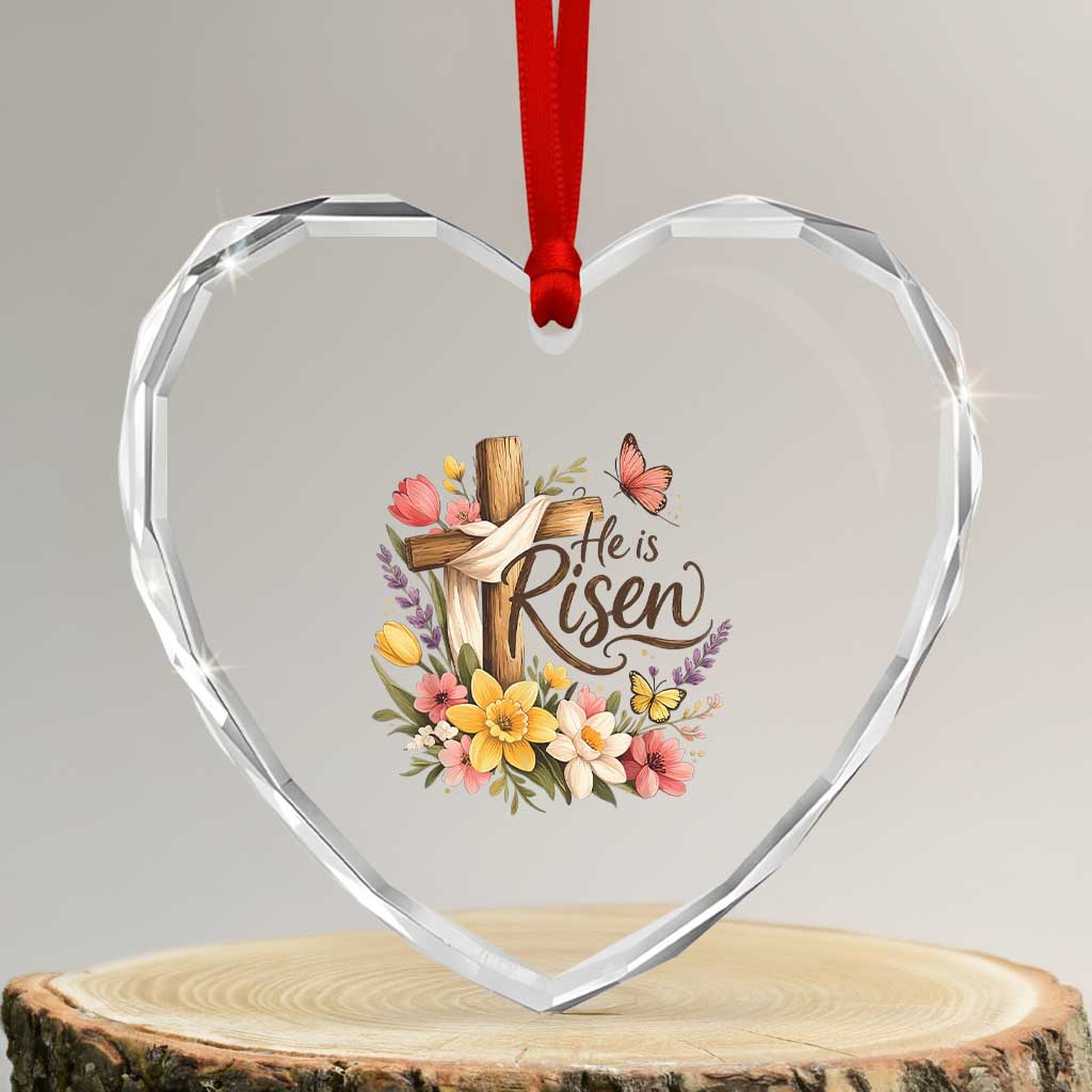 He Is Risen Floral Cross Christian Easter Heart Crystal Glass Ornament Spring Flowers Butterfly Faith Inspirational Gift TS02 Transparent Glass 3'' Heart Print Your Wear