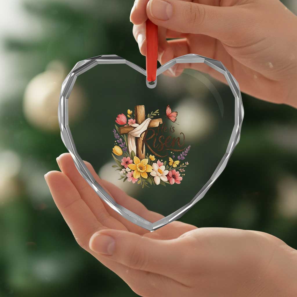 He Is Risen Floral Cross Christian Easter Heart Crystal Glass Ornament Spring Flowers Butterfly Faith Inspirational Gift TS02 Print Your Wear