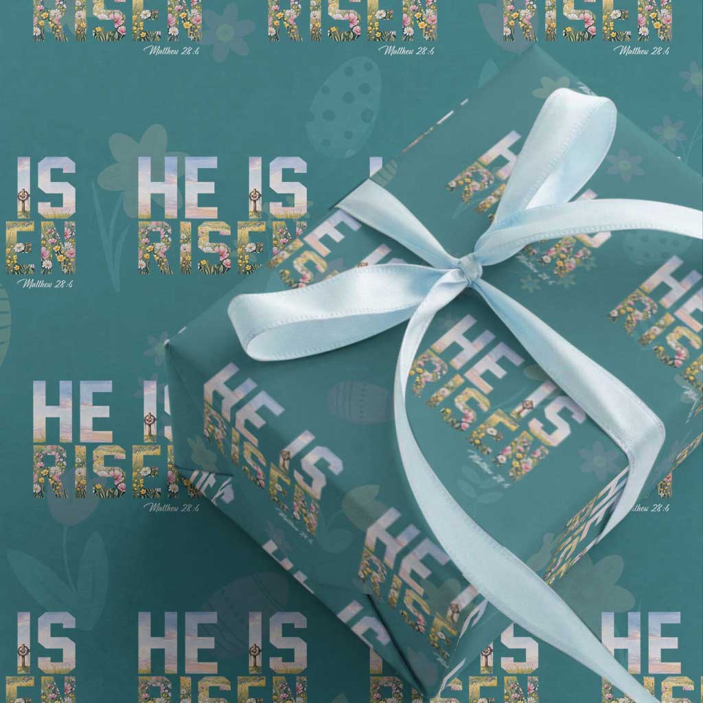 He Is Risen Matthew 28:6 Floral Christian Easter Wrapping Paper Roll Spring Flowers Cross Landscape Faith Inspirational Gift TS02 Teal Print Your Wear