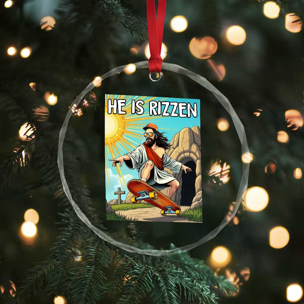 He is Rizzen Crystal Glass Ornament Funny Jesus Skateboarding Christian Meme TS10 Print Your Wear